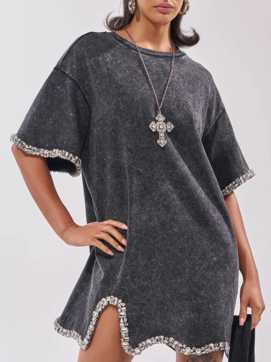 Rhinestone Trim Washed T‐Shirt Mini Dress