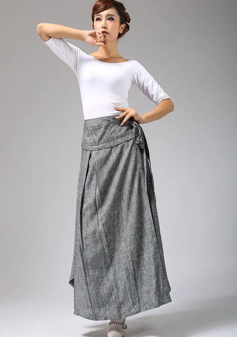 Gray Linen Cotton Maxi Skirt – Handmade Wrap Skirt with Belt  0689