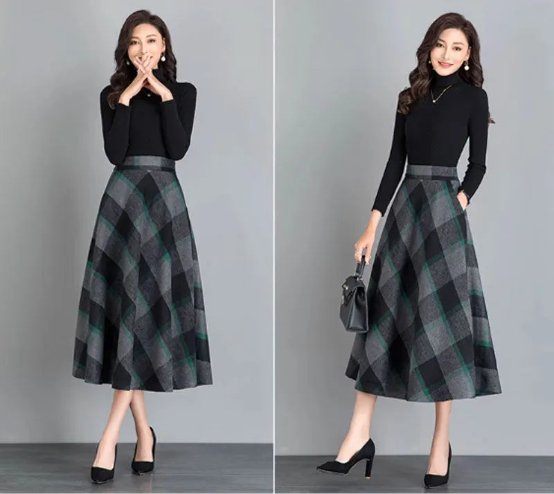 Plaid Wool Midi Skirt - A-Line Silhouette with Back Elastic Waist 4641-5