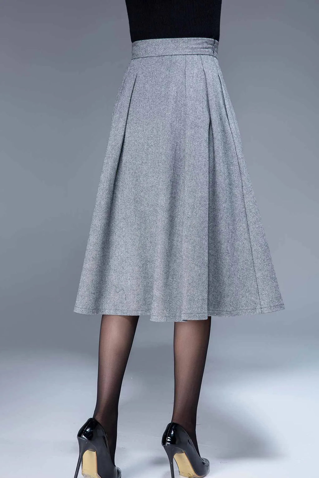 Gray Pleated Wool Midi Skirt – Handmade High Waist Winter Classic 