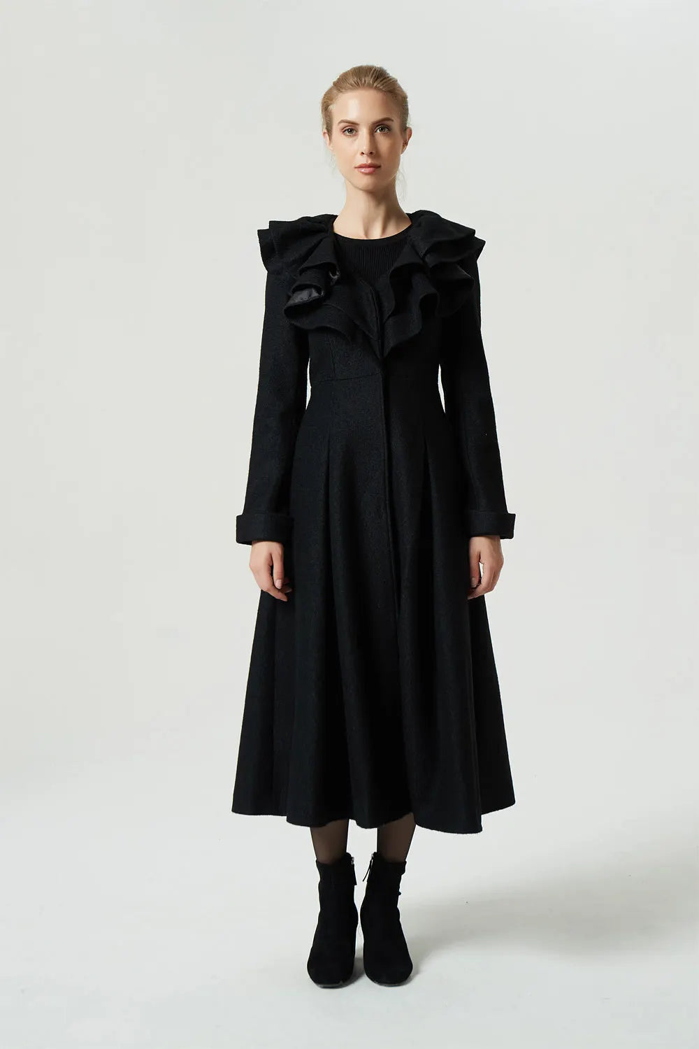 Black Wool Ruffle Coat – Handmade Feminine Fit and Flare Winter Maxi Coat 