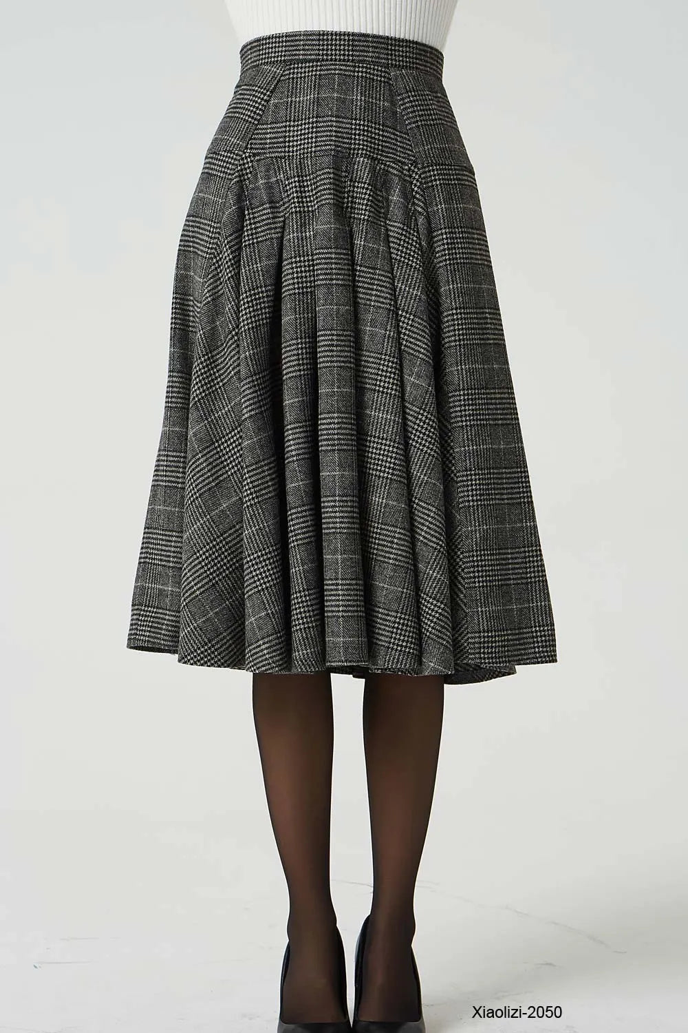 Grey Wool Pleated Knee Length Skirt - Retro A-Line Silhouette 2050
