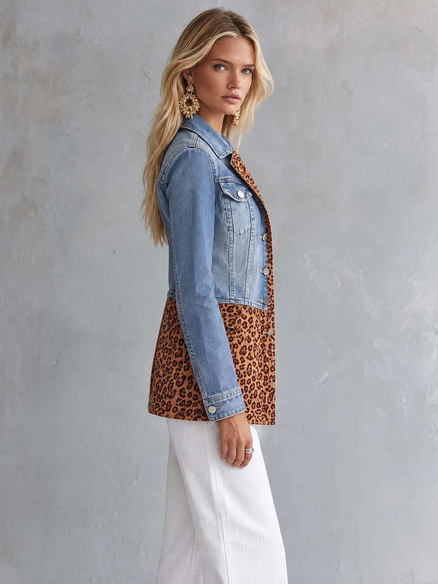Leopard Patchwork Longline Denim Jacket