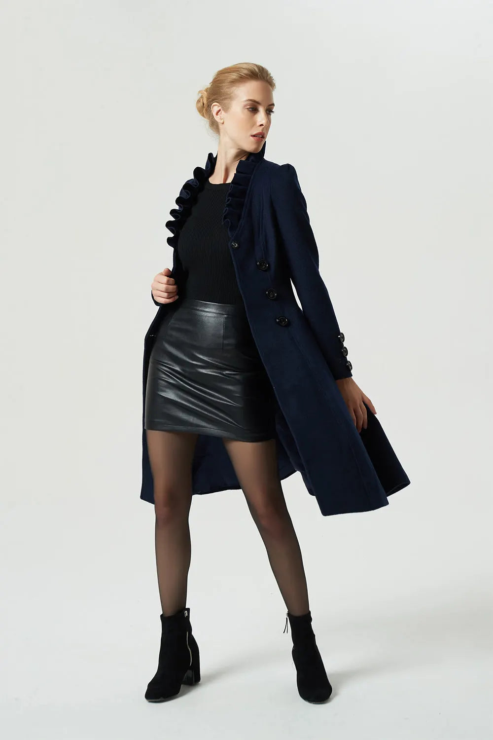 Navy Wool Coat - Handmade Tailored Fit with Ruffle Collar 1974