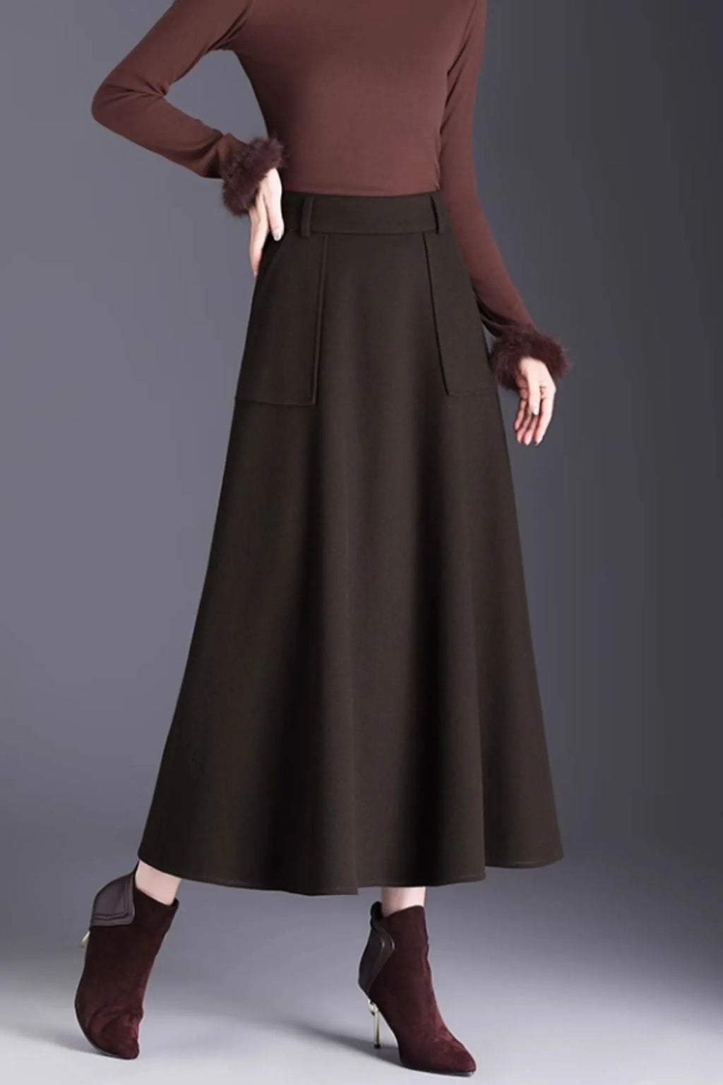 Brown Wool A-Line Midi Skirt with Pockets - Winter Warmth 6141