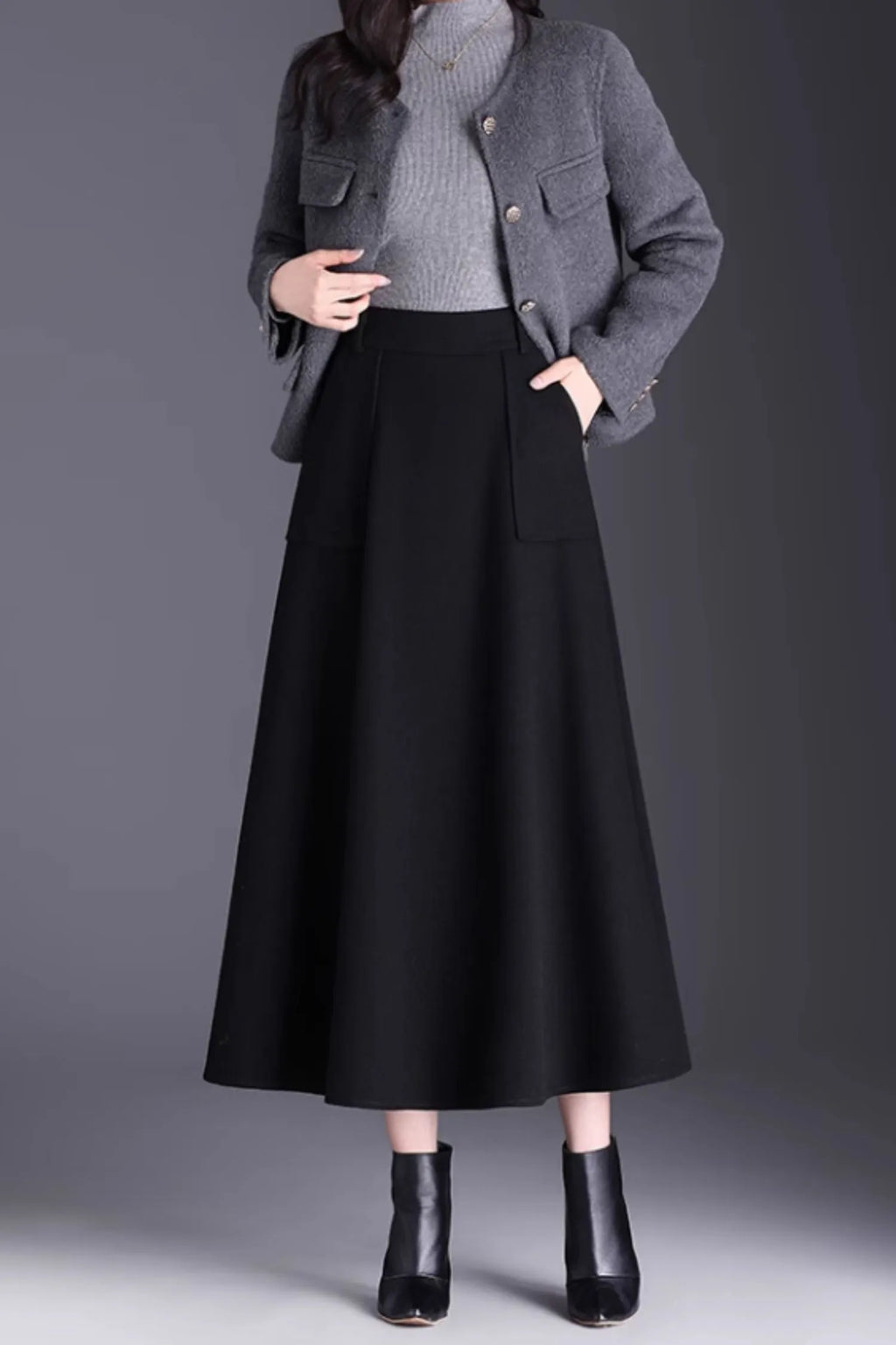 Brown Wool A-Line Midi Skirt with Pockets - Winter Warmth 6141