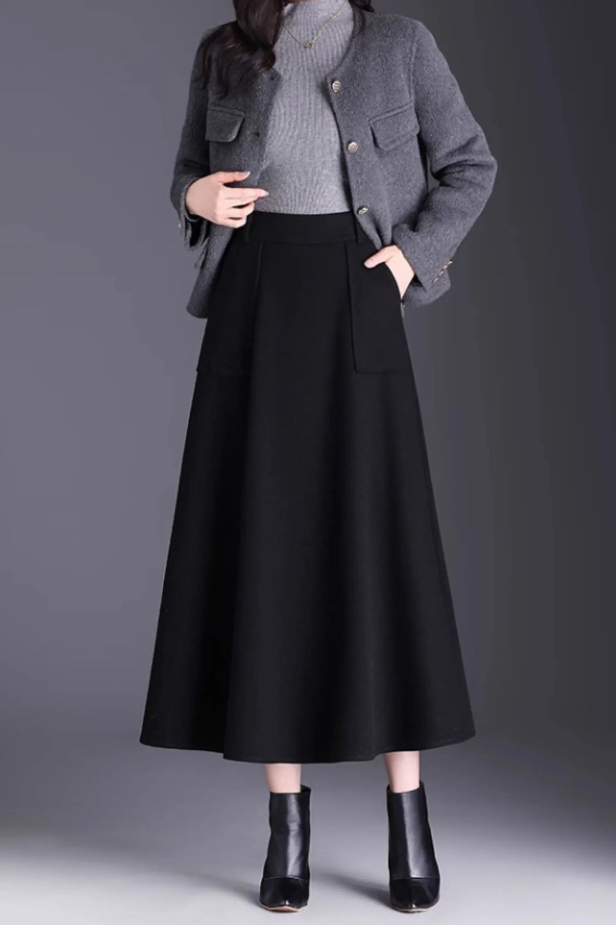 Brown Wool A-Line Midi Skirt with Pockets - Winter Warmth 6141