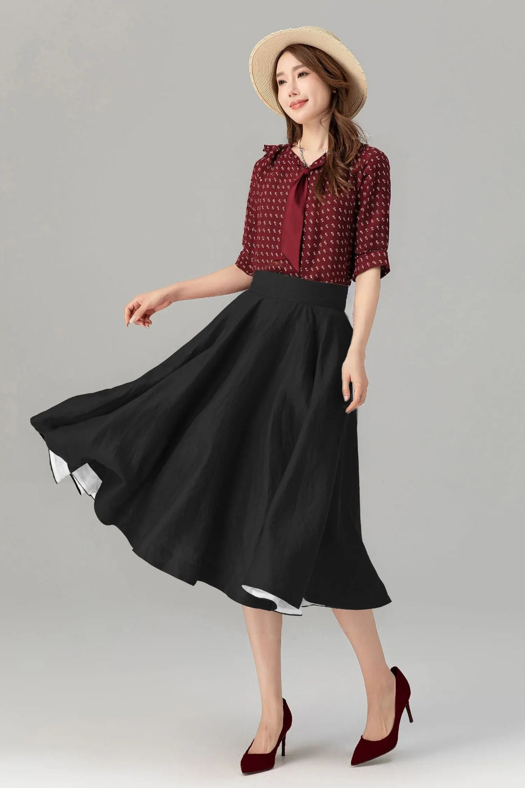 Black Linen Midi Skirt - High Waist A-Line 