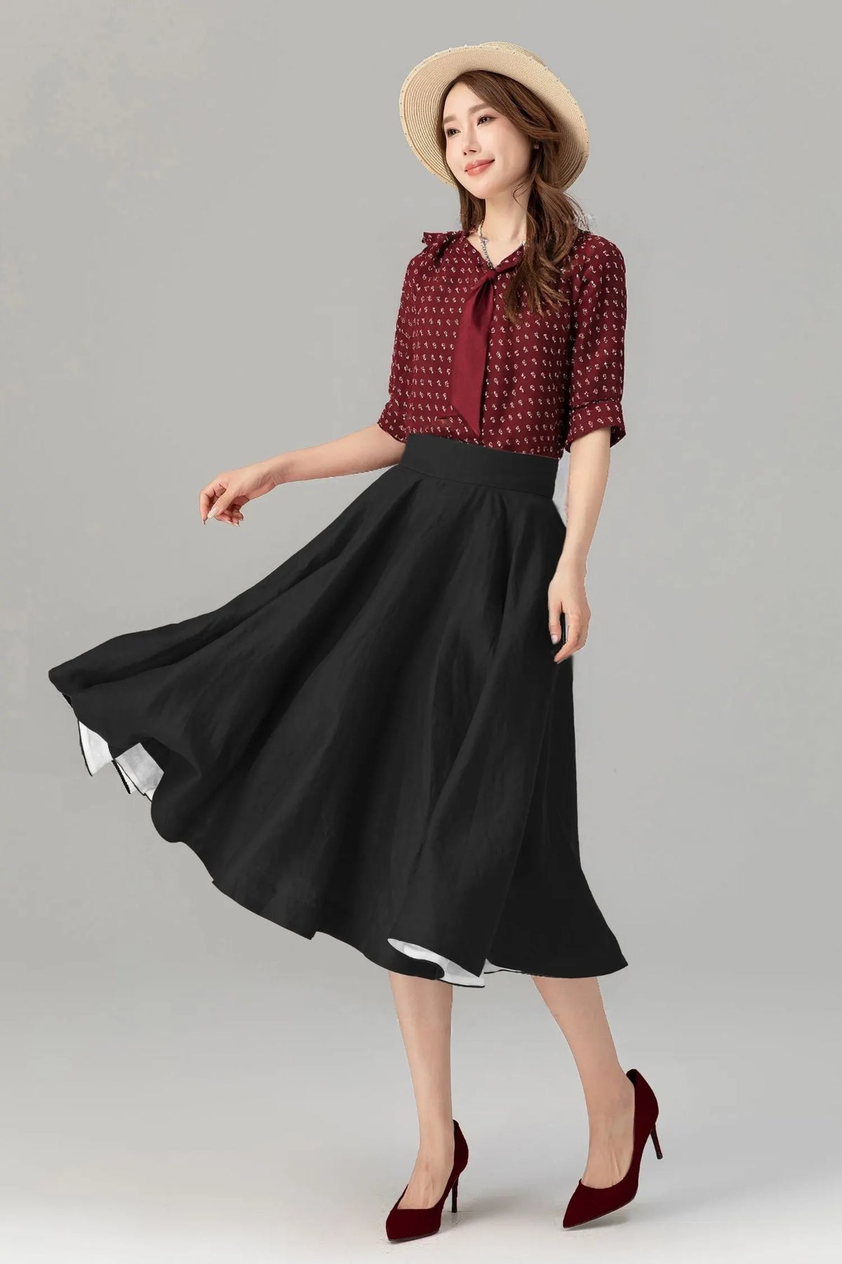 Black Linen Midi Skirt - High Waist A-Line 