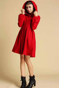 Red Hooded Wool Coat – Single-Breasted Winter Short Coat with Pockets 