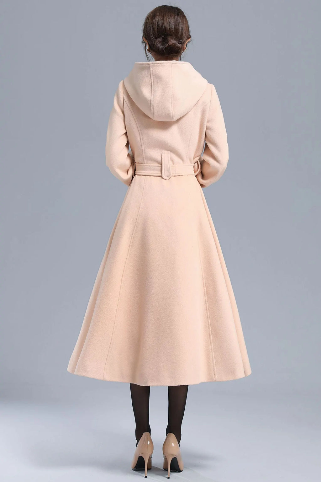 Handmade Wool Hooded Coat – Lantern Sleeve Belted Winter Long Overcoat 