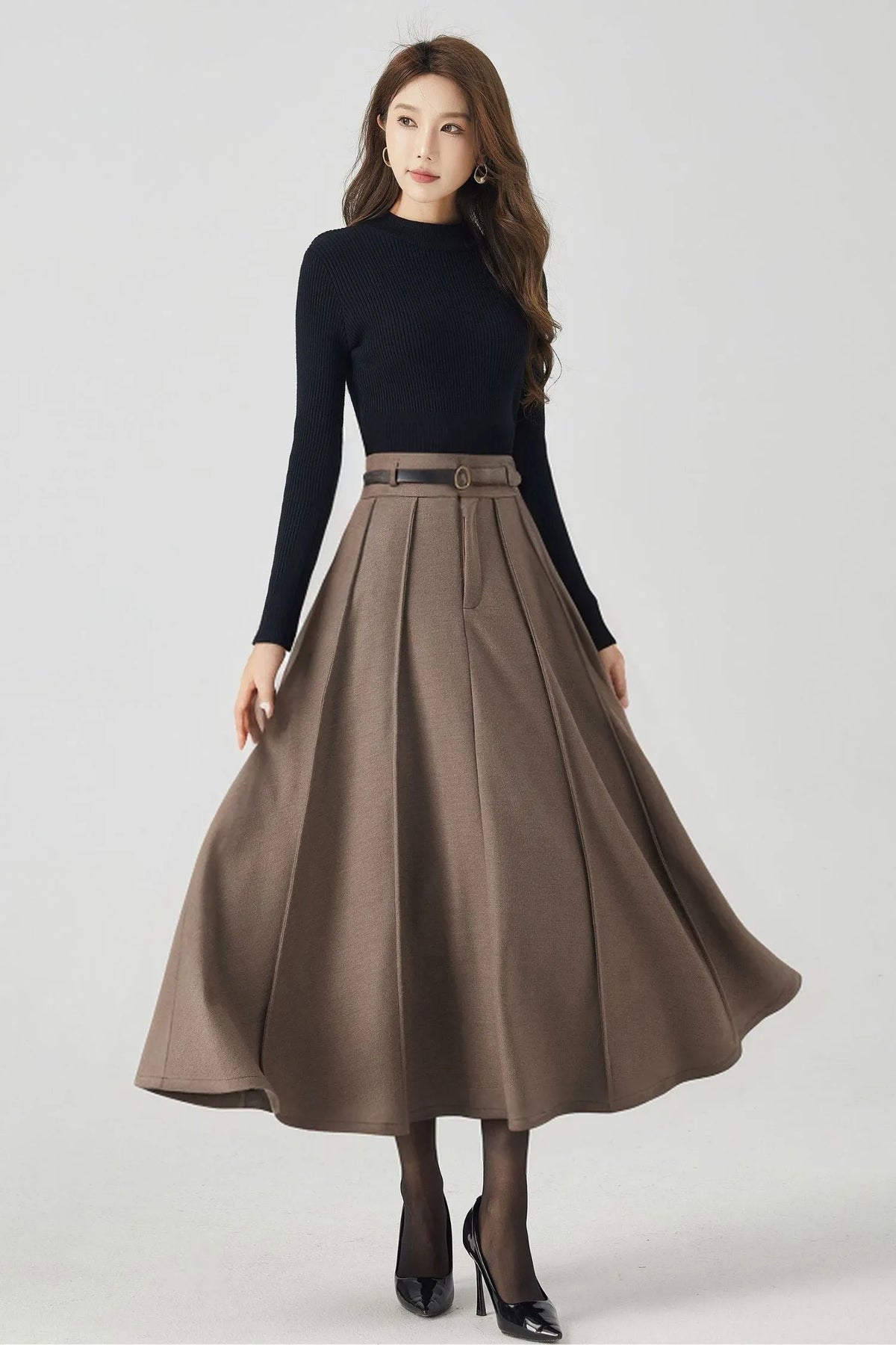 Handmade Wool Pleated Midi Skirt – High Waist Brown Winter Skirt 