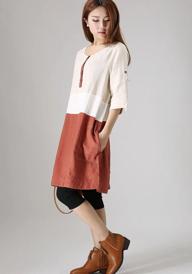 Beige and Rust Linen Tunic Dress - Block Color, Loose Fit 833