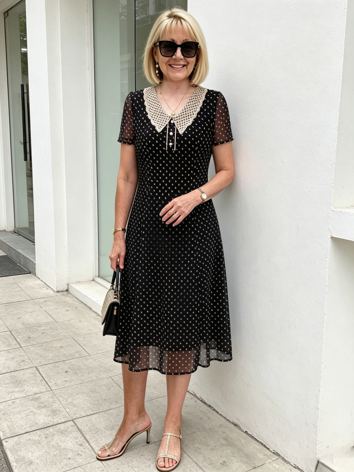 Black Polka Dot Mesh Midi Dress, Lace Peter Pan Collar Short Sleeve Elastic Waist Tummy Concealing Slimming Temperament 