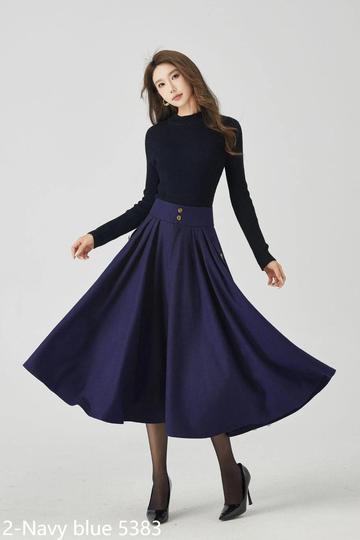 Navy Wool Midi Skirt - Pleated Swing Silhouette 5383