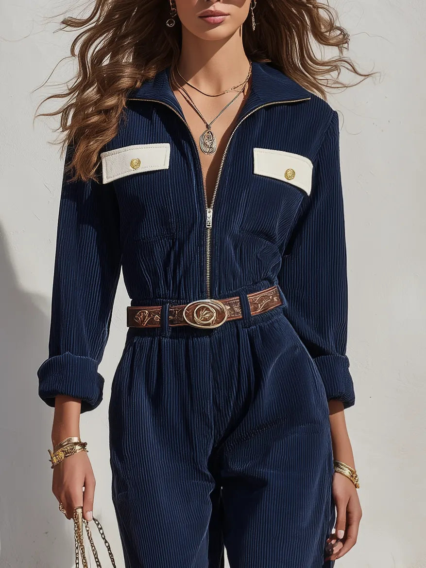 Vintage Utility Vibe Navy Blue Corduroy Contrast Pocket Belted Jumpsuit