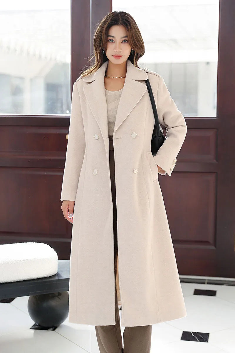Beige Wool Coat - Double Breasted with Belted Waist 4016
