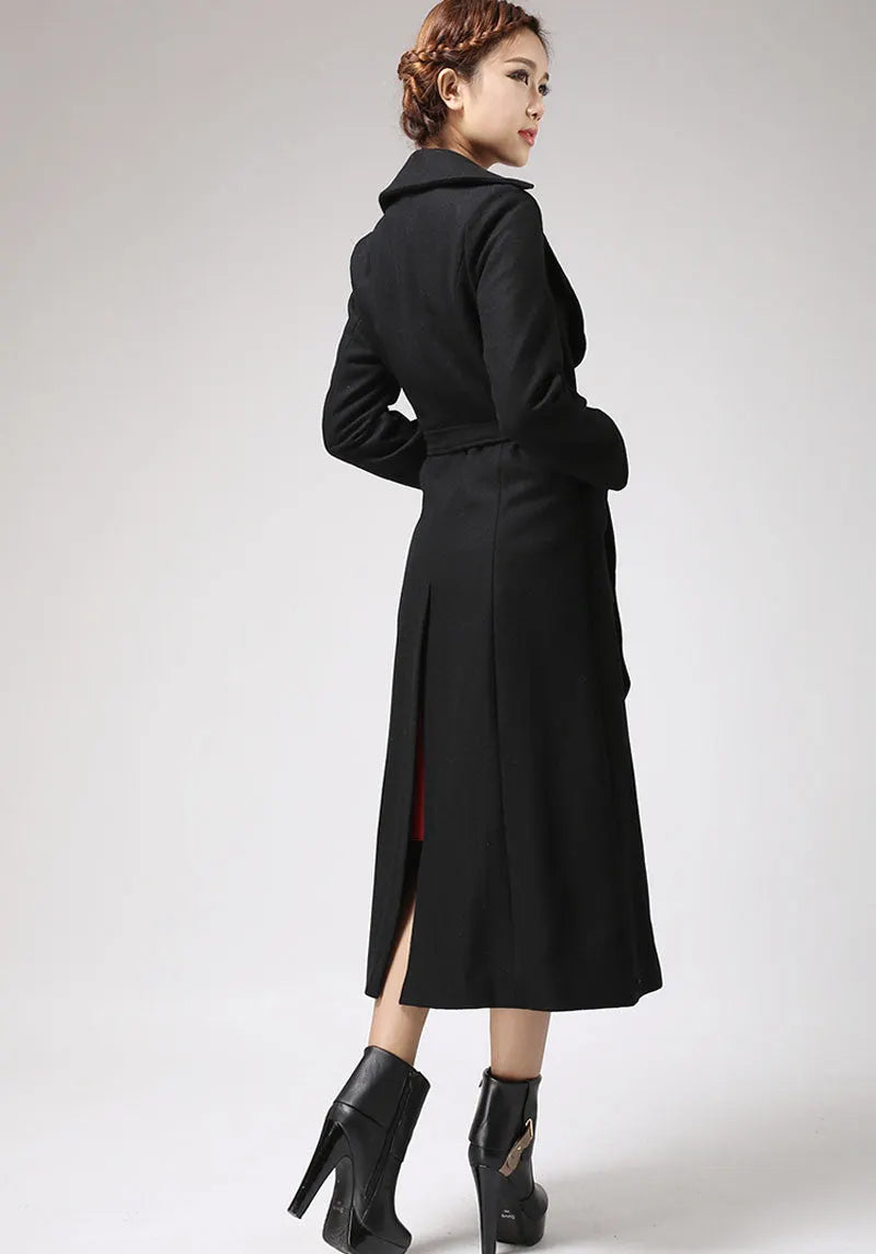 Handmade Black Wool Blend Coat – Elegant Long Winter Overcoat with Unique Collar 