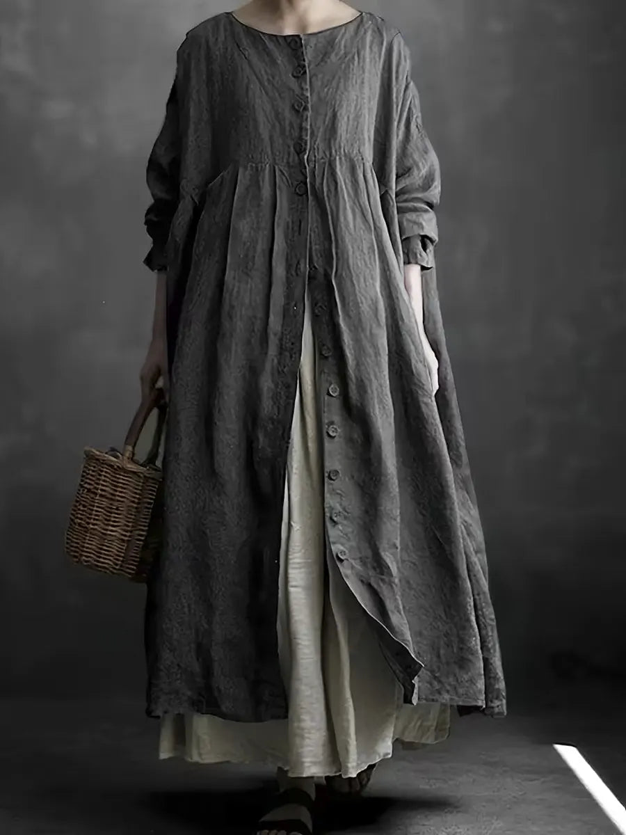 Women's Solid Color Art Casual Long Sleeve Cotton Linen Dress
