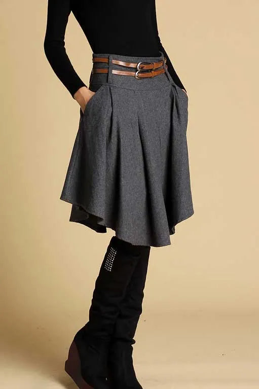 Dark Gray Wool Mini Skirt – Vintage Asymmetrical Pleated Skirt with Pockets 0359
