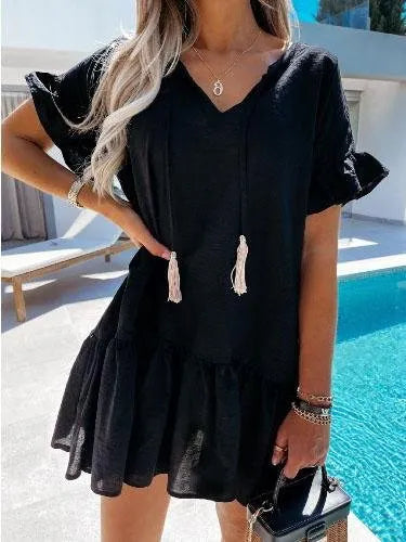 V-neck Short-sleeved Solid Color Short Dress