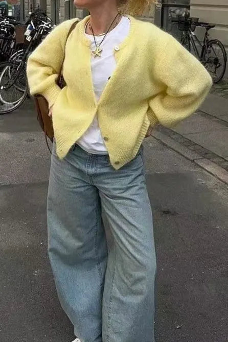 Candy Color Crew Neck Button Knit Cardigan