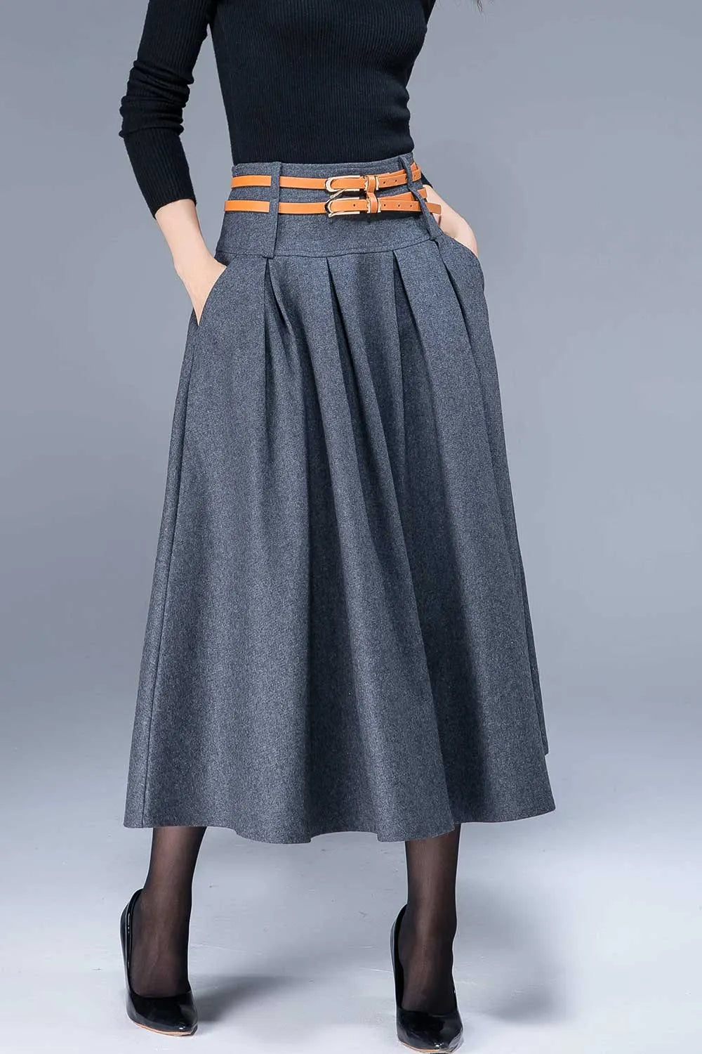 Wool Midi Skirt – Vintage High Waist Pleated Winter Skirt with Pockets 1796