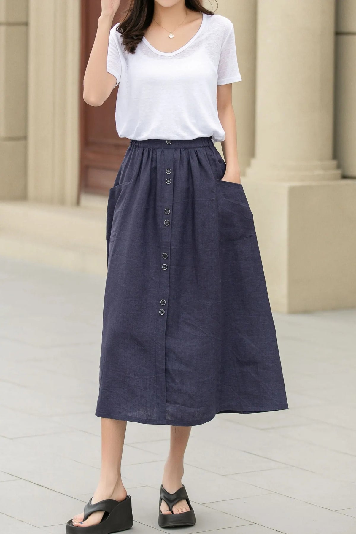 Dark Blue Linen Midi Skirt - Button-Up, Elastic Waistband 4944