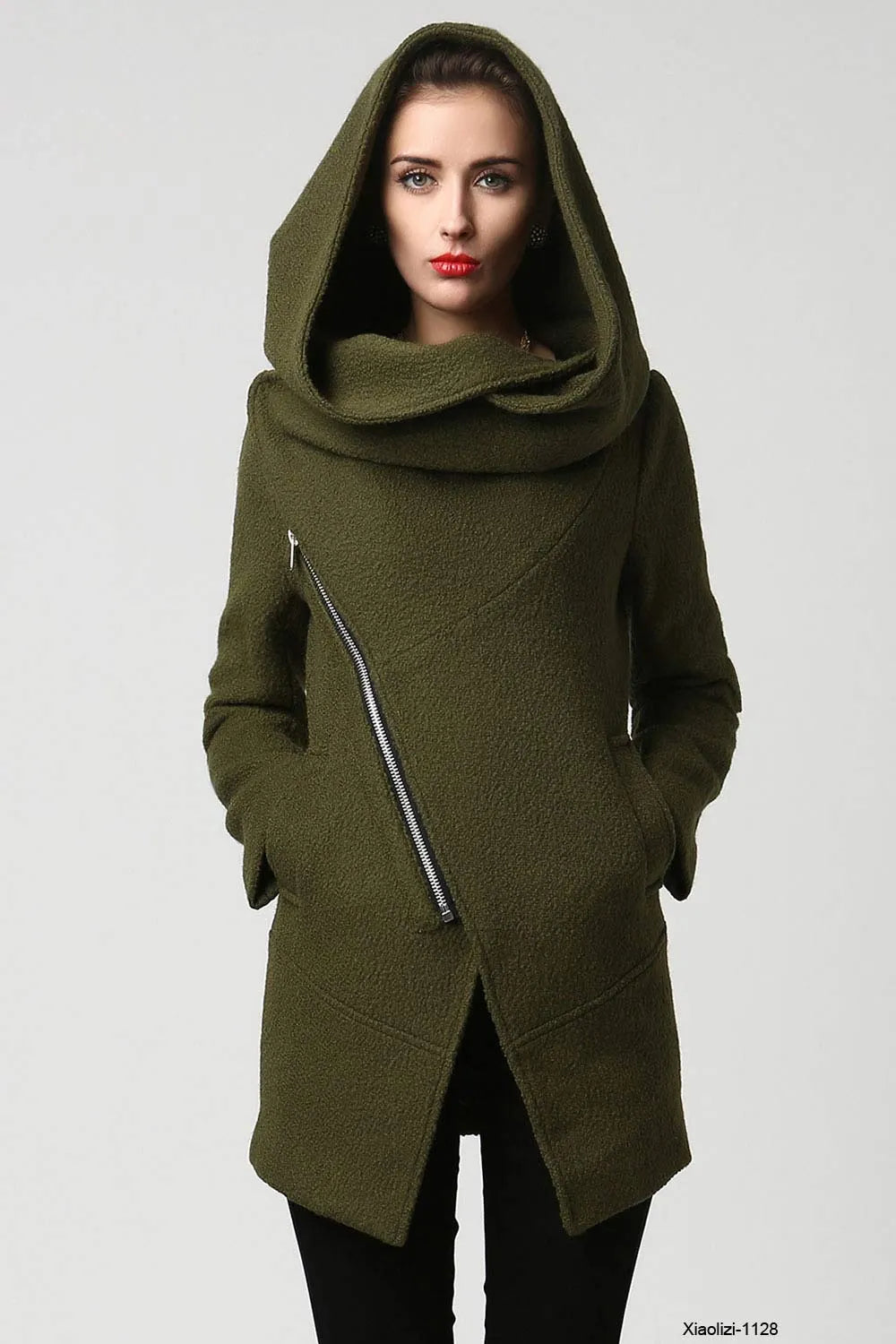 Moss Green Wool Coat – Asymmetrical Short Winter Coat with Oversized Hood 1128