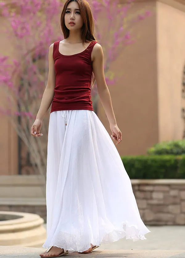 White Chiffon Maxi Skirt - Elastic Waist Ruffle Detail 944
