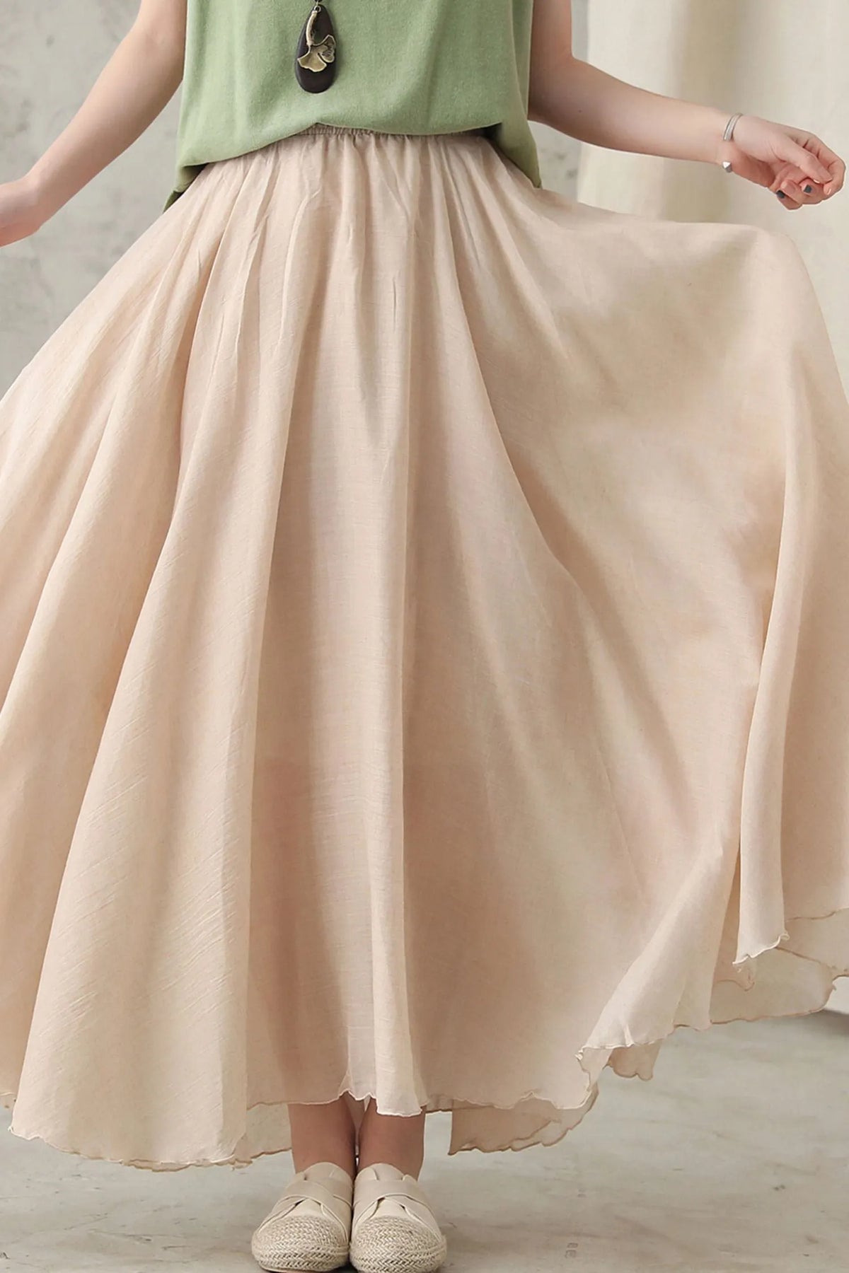 Beige Linen Maxi Skirt - High-Waist Elastic Waistband, Flowy Circle Hem 2820
