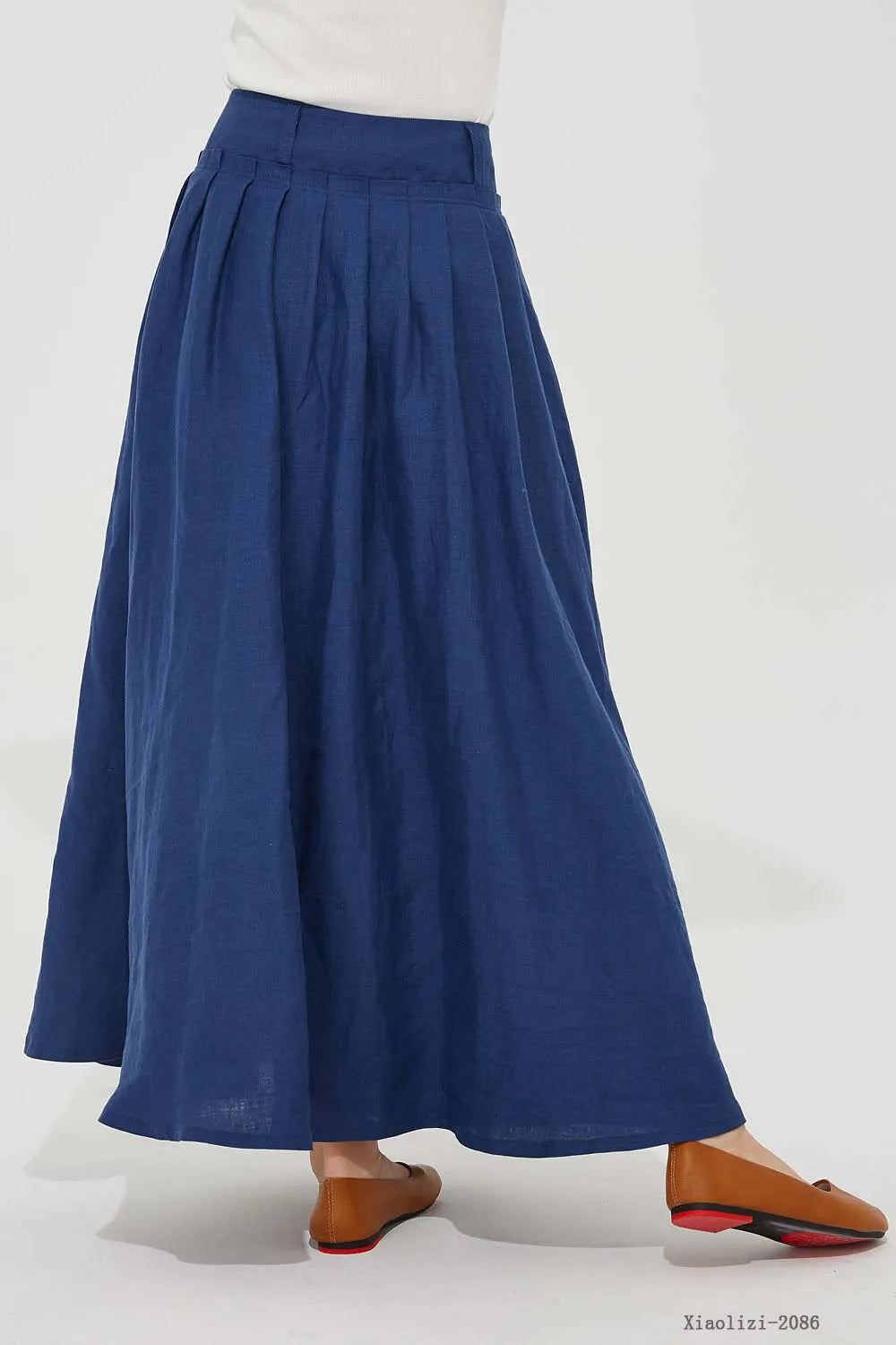 Blue Linen Maxi Skirt - Handmade Pleated Waist with Pockets 2086