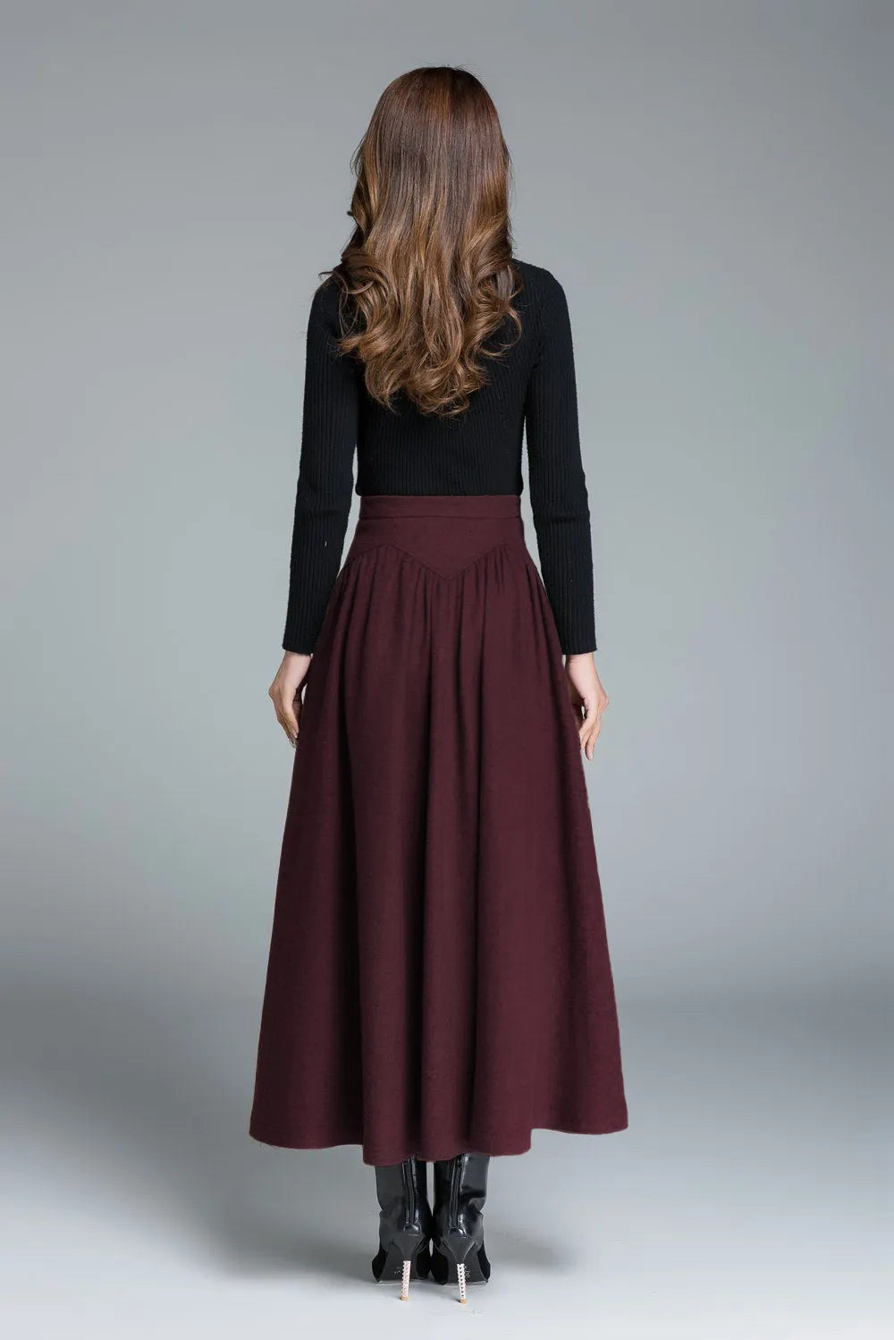 Burgundy Wool Maxi Skirt – Vintage High Waist Flared Winter Skirt 6319
