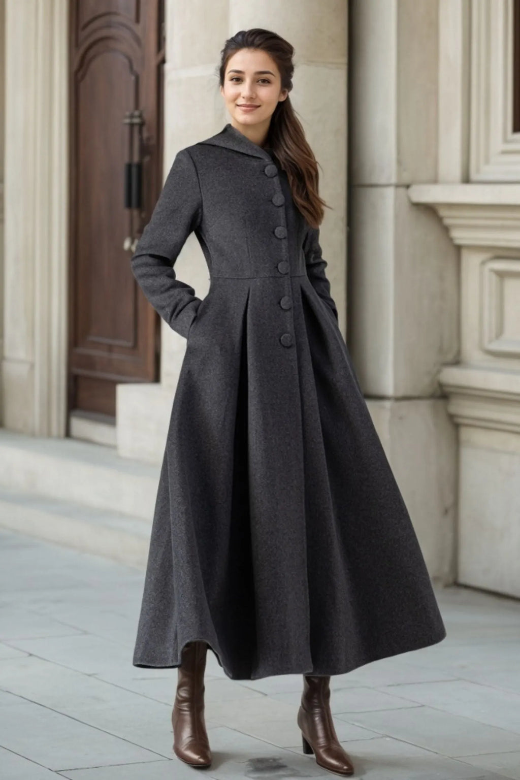 Dark Grey Wool Coat - Long Swing with Hooded Neck 4507