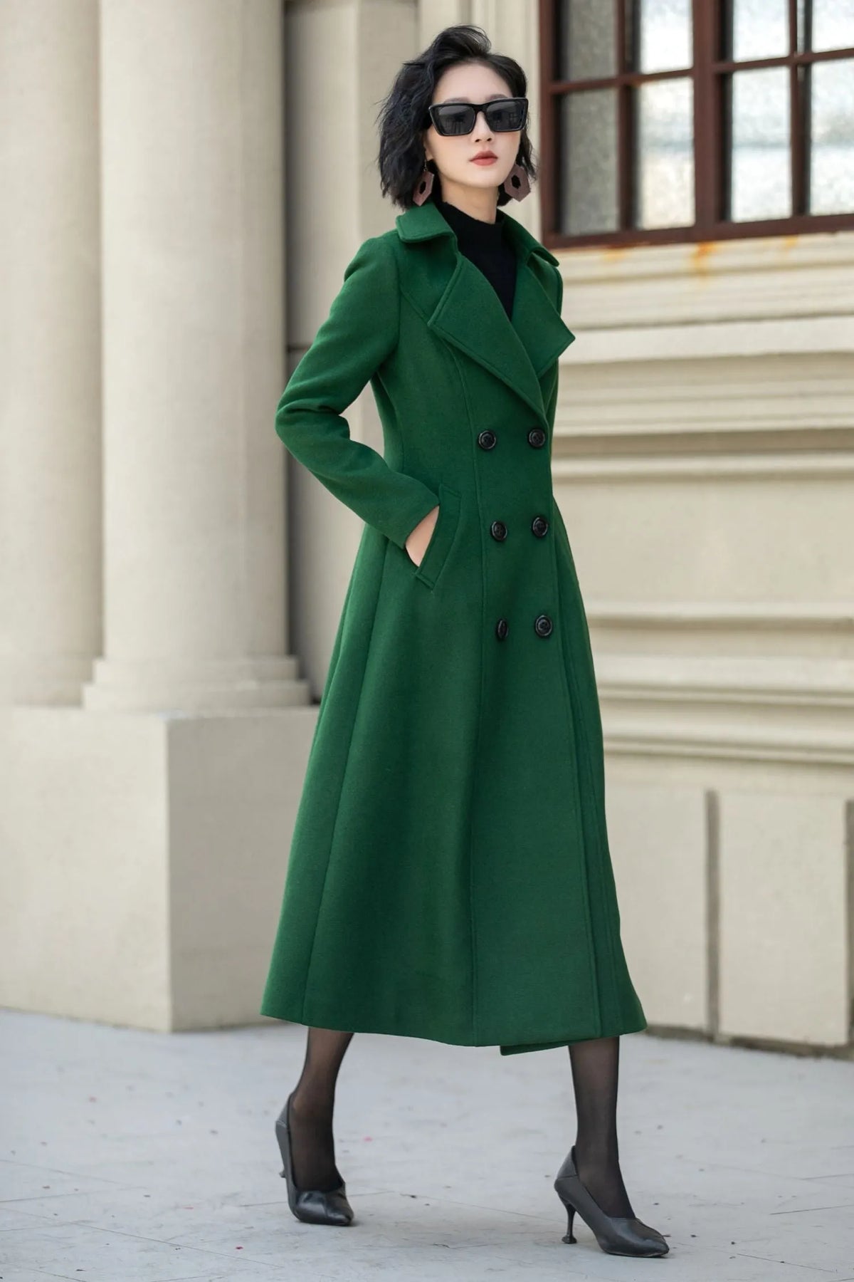 Green Wool Midi Coat - Double Breasted Tailored Fit 5349