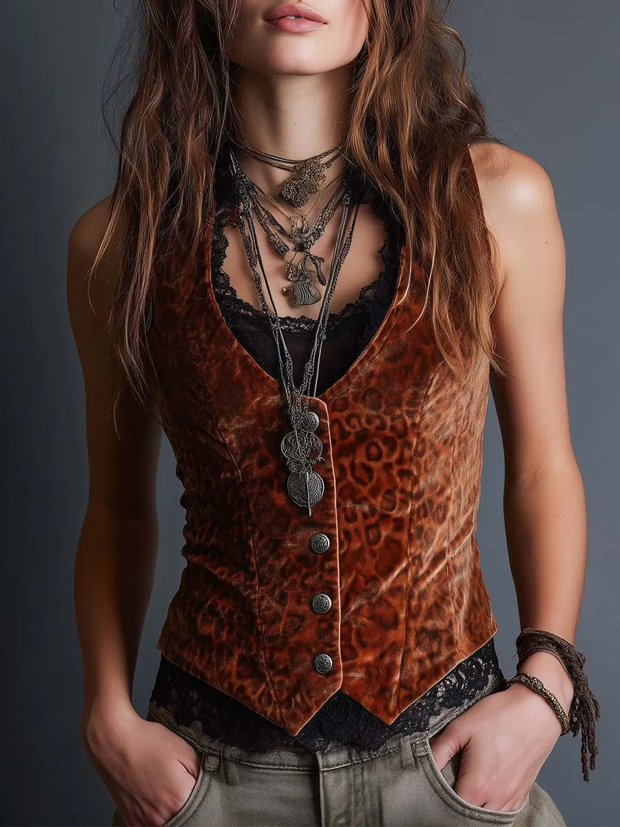 Caramel Velvet Leopard Lace Button Vest