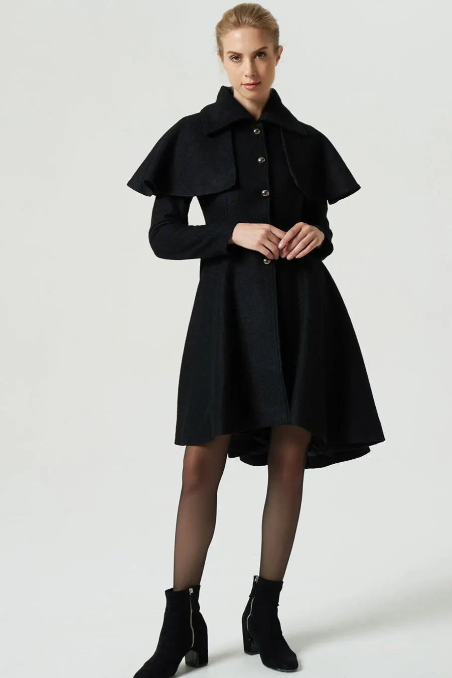 Black Wool Blend Cape Coat – Handmade Vintage High-Low Winter Elegance 1975