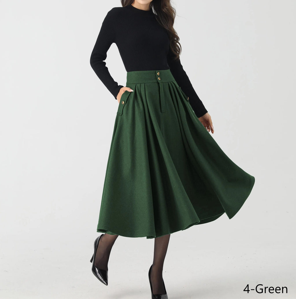 Navy Wool Midi Skirt - Pleated Swing Silhouette 5383