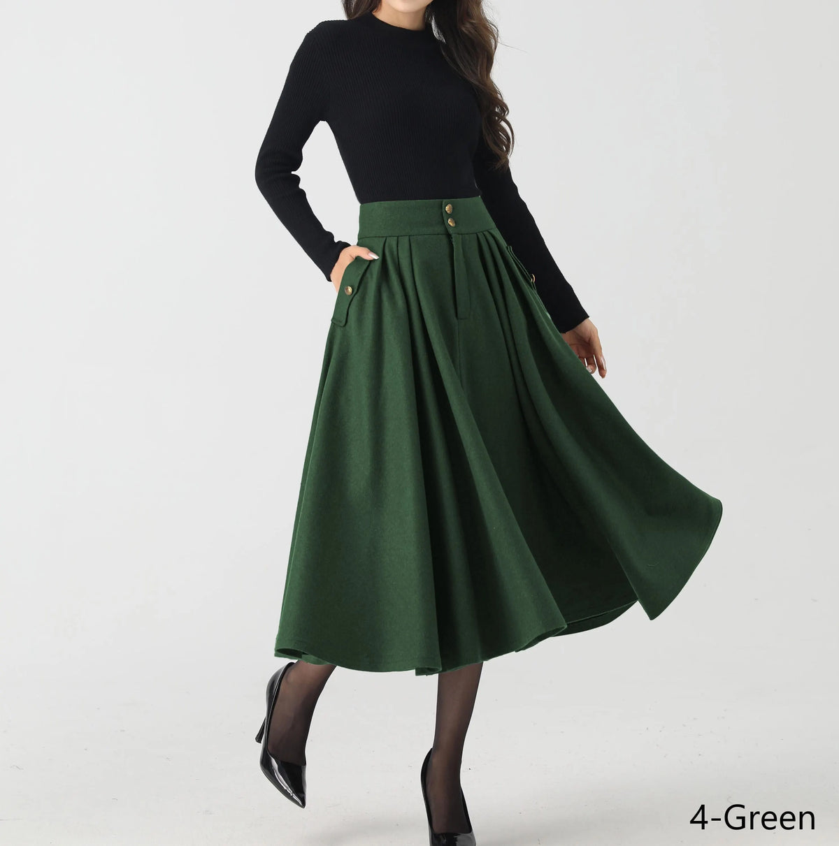 Navy Wool Midi Skirt - Pleated Swing Silhouette 5383