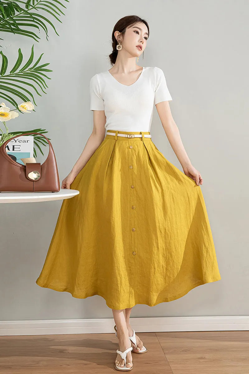 Handmade Linen Cotton Midi Skirt with Pockets 