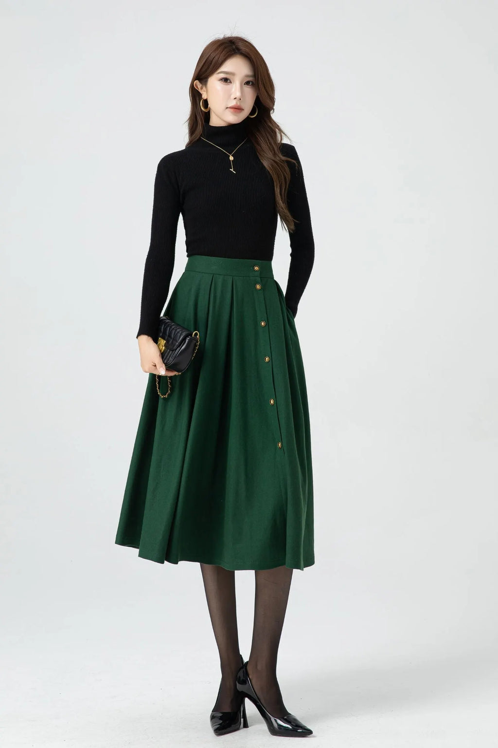 Green Wool Midi Skirt - Button Front Pleated Circle Skirt 5322