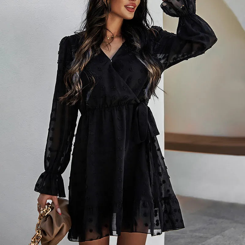 Playful Heart Puff Sleeve Babydoll Dress - Black
