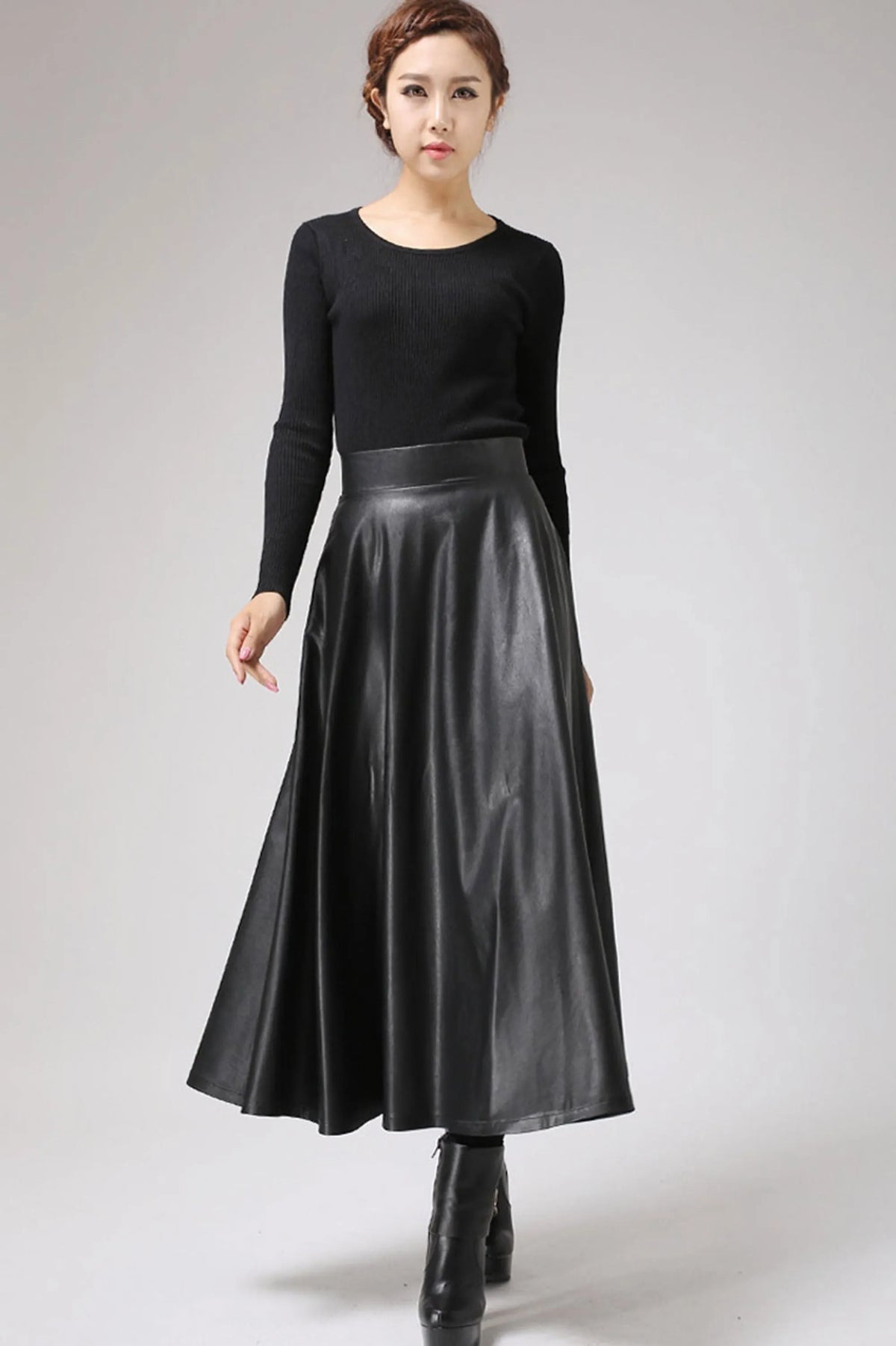 Handmade Black Faux Leather Midi Skirt – Vegan PU A-Line Skirt 