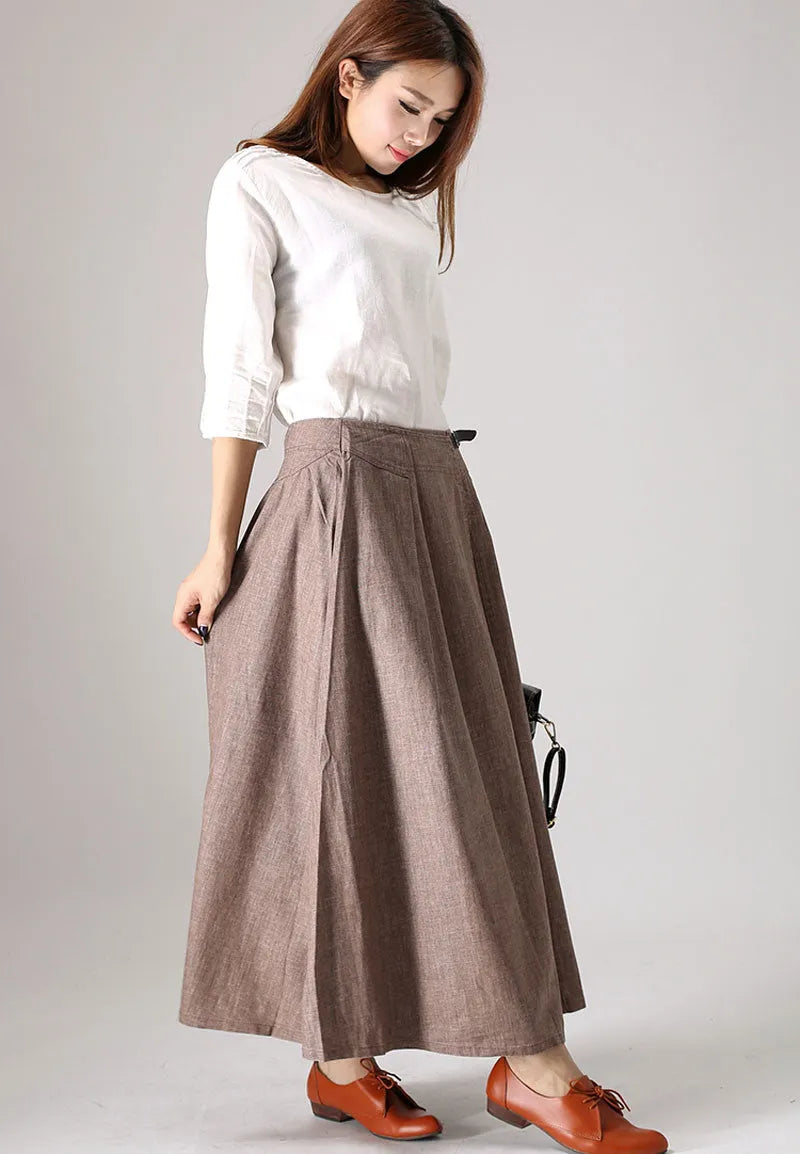 Casual Brown Pleated Linen Maxi Skirt – Handmade Long Flowy Skirt 
