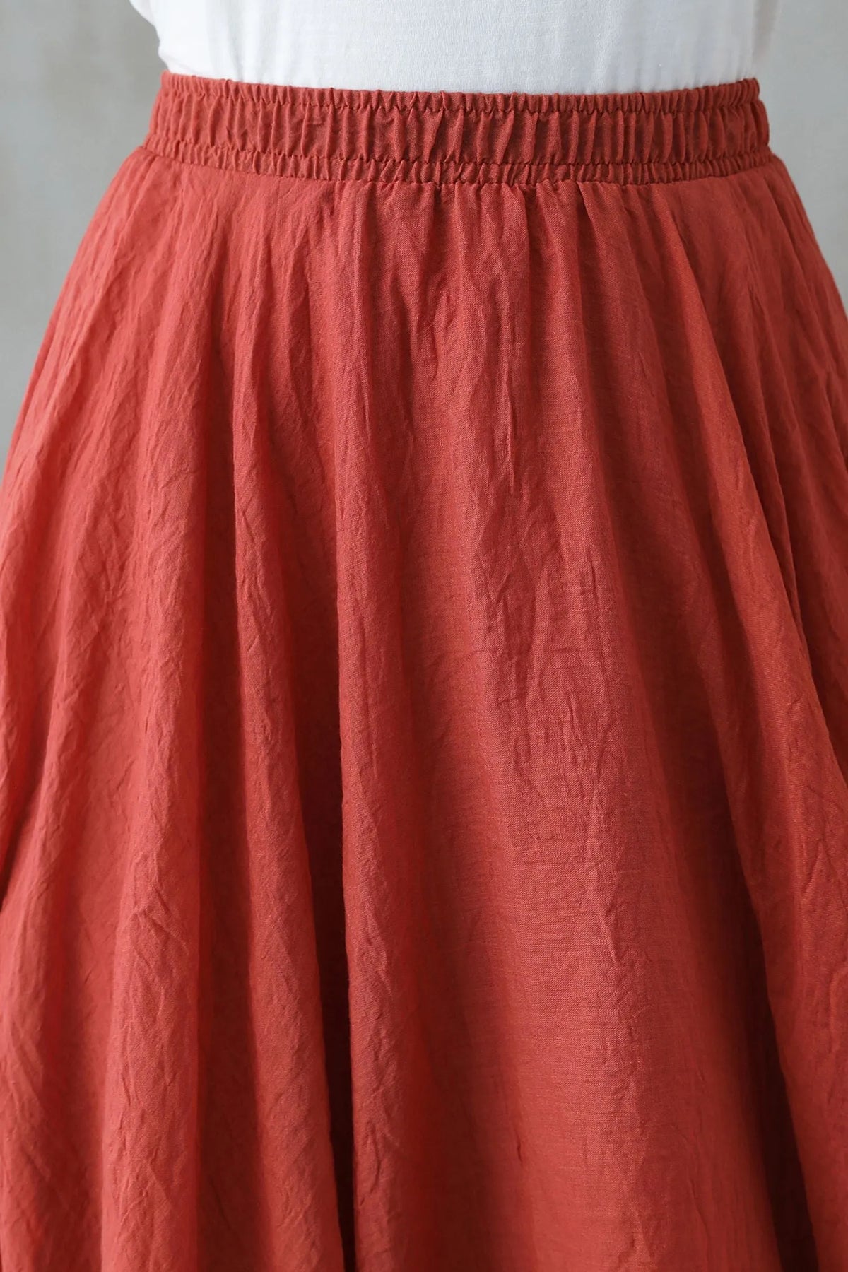 Rust Red Linen Maxi Skirt - High-Waist Elastic Swing Hem 2744