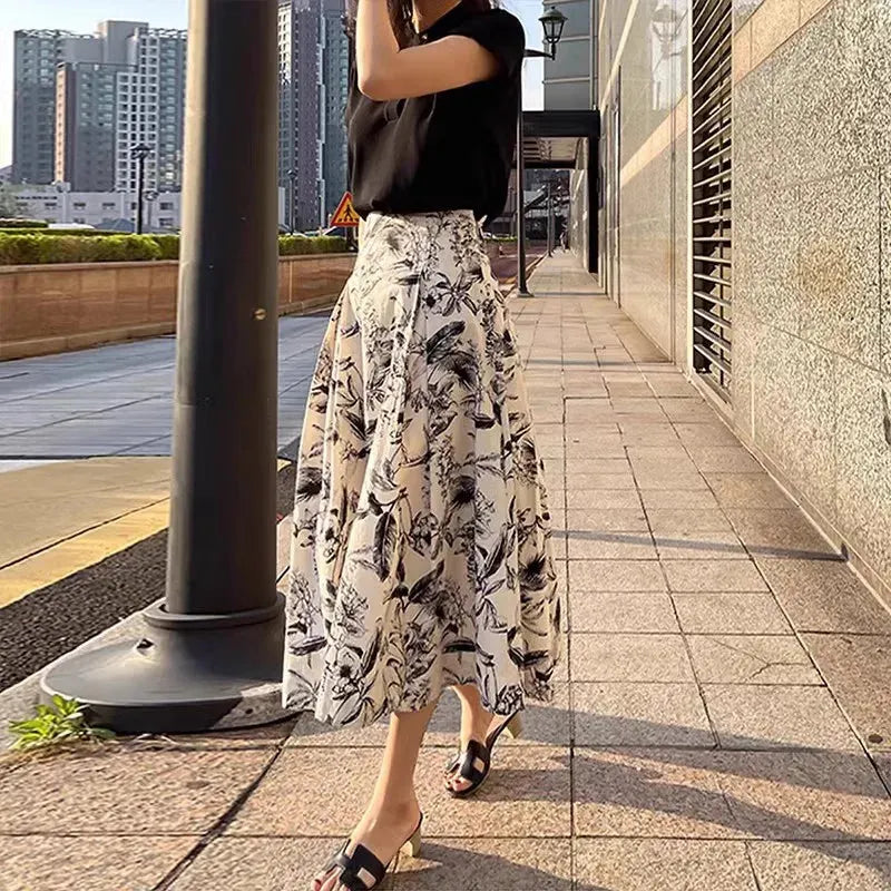 Ink Painting Skirt Women Autumn Winter High Waist Swing Skirt