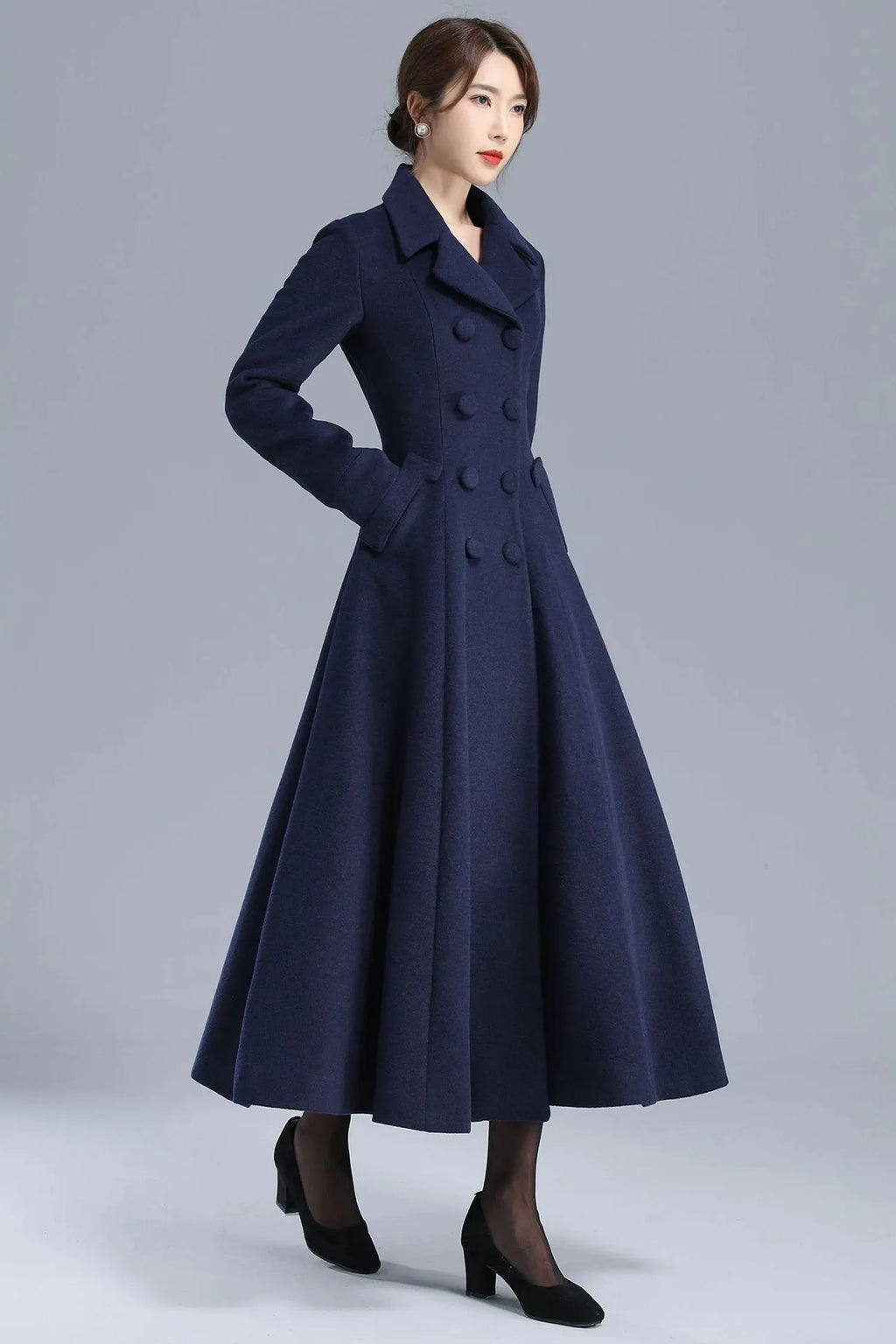 Black Wool Overcoat - Double Breasted Fit and Flare Vintage Coat 5542