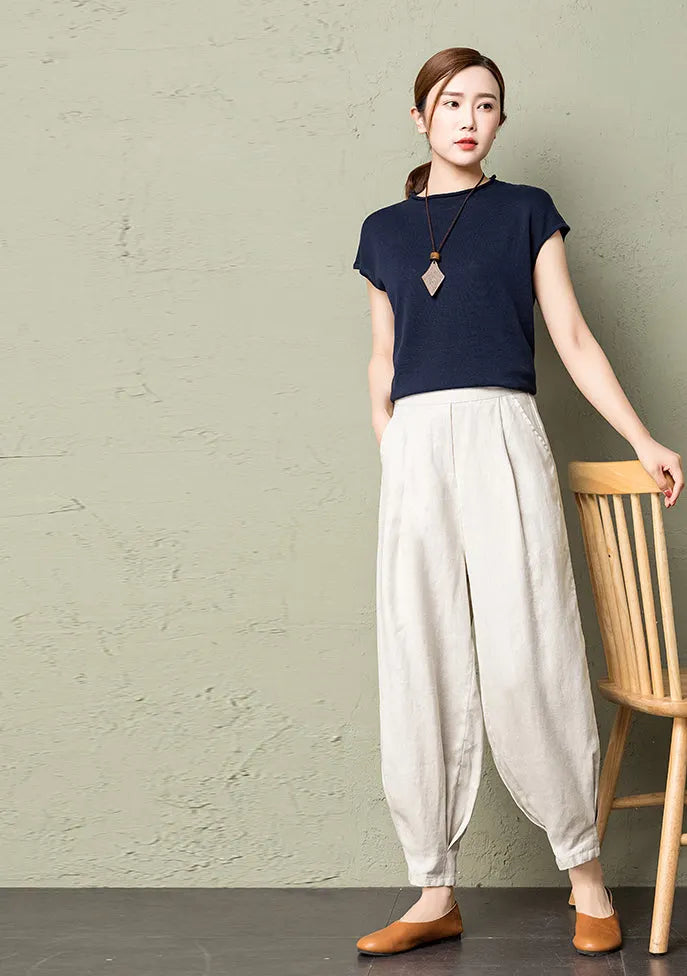 Rust Red Linen Cotton Wide Leg Pants - Back Elastic Waist Comfort 2607