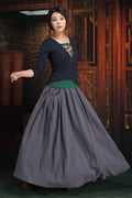 Linen Maxi Skirt - Elastic Waist Side Pockets Plus Size 