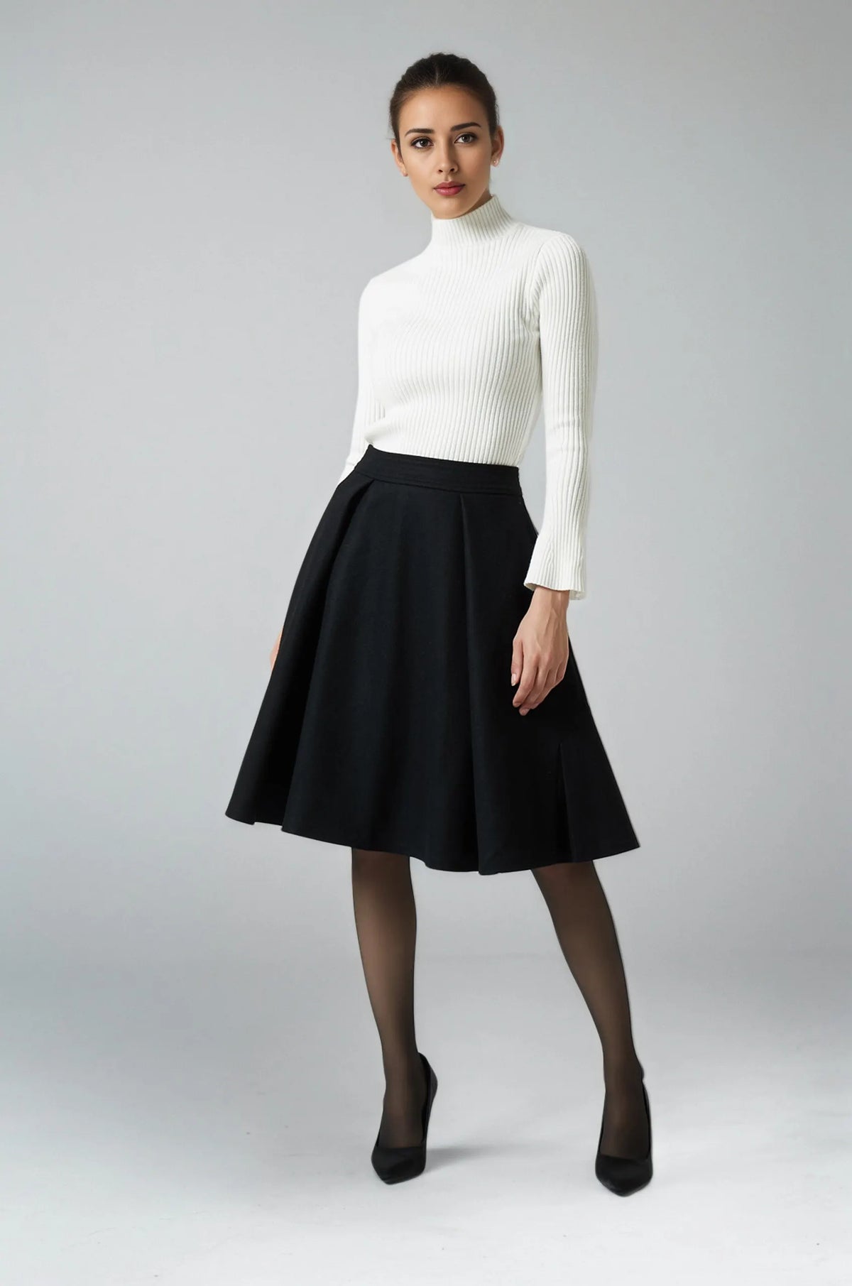 Black Wool Knee Length Skirt - Pleated A-Line Silhouette 6291